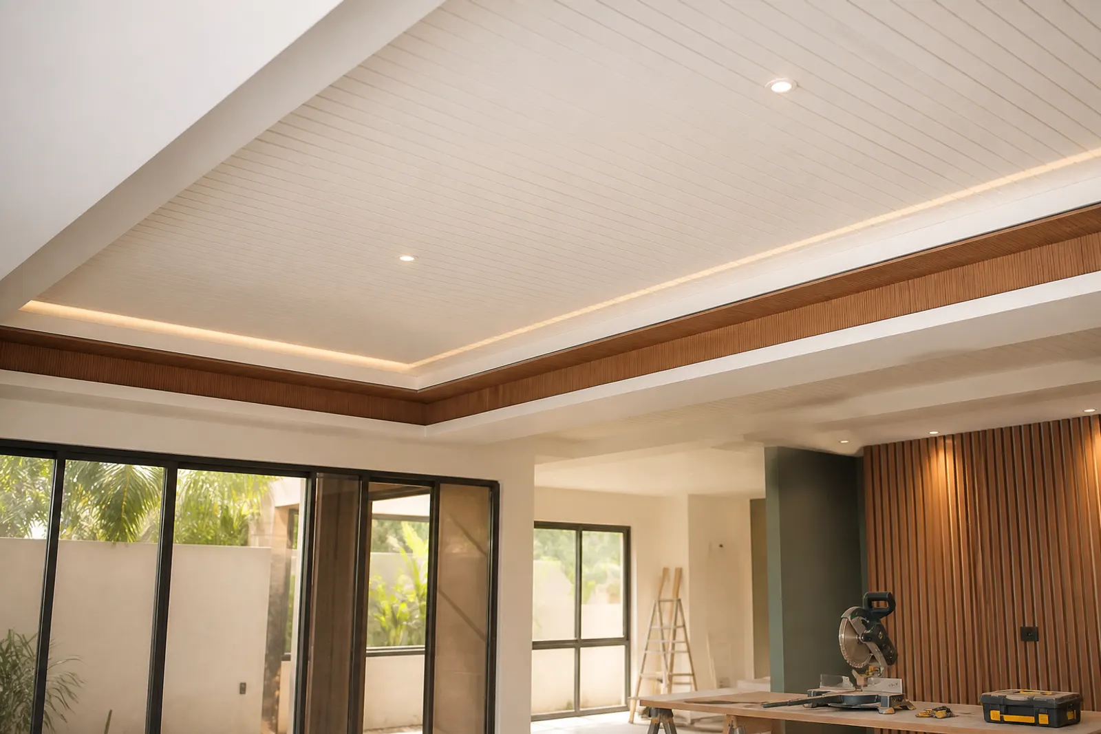 Interior con cielo falso en PVC y detalles de tabla yeso
